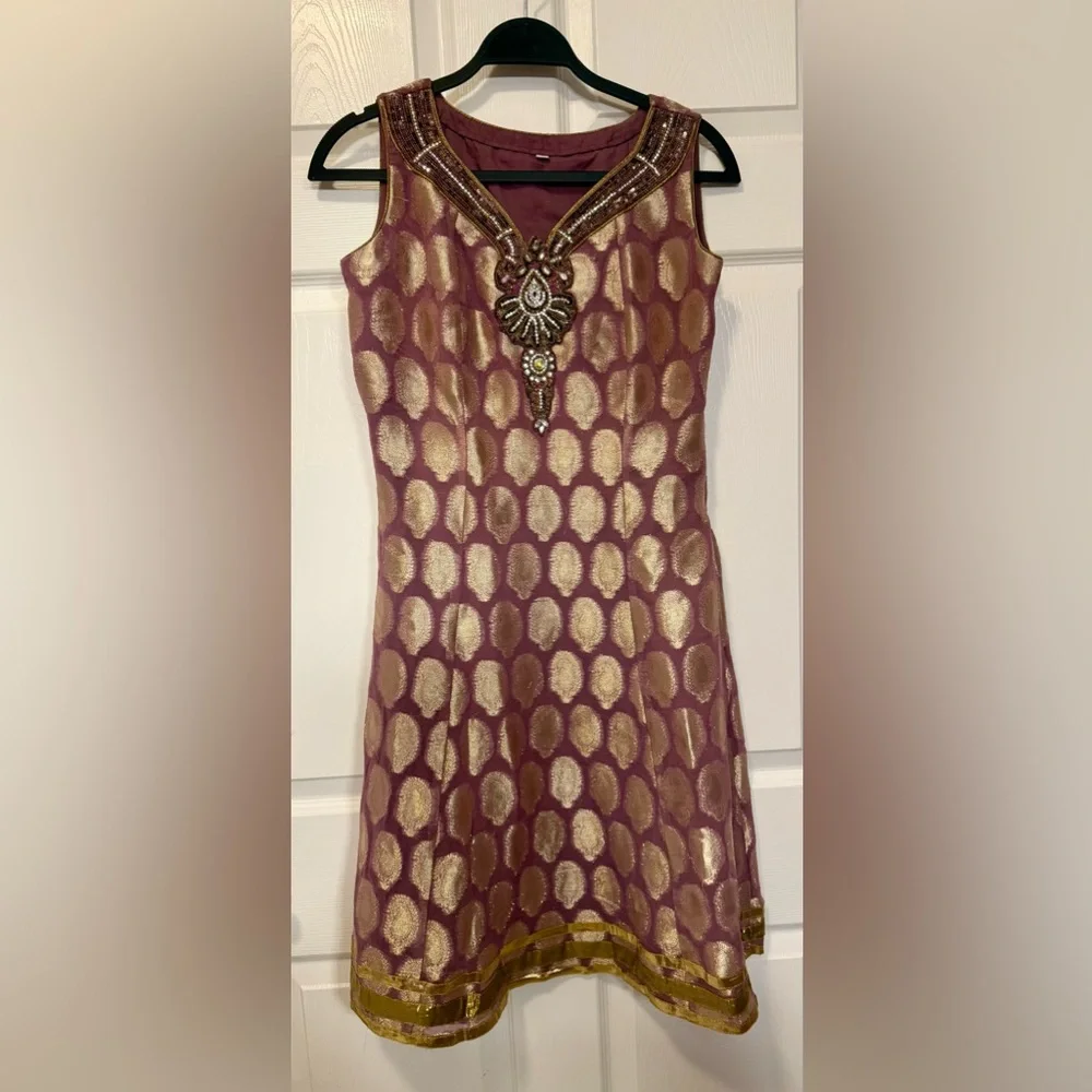 Vintage Gold Brocade Cocktail Midi Dress Small Mauve Metallic Party